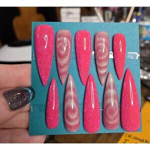 Super long pink glitter and swirl stiletto nails custom made